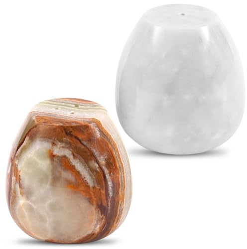 Earthen Crafts marmor salt och Peper äggform set med 2 grön onyx och vit 5,8 cm salt- och pepparbehållare – krydddispenser för kök och hemförvaring