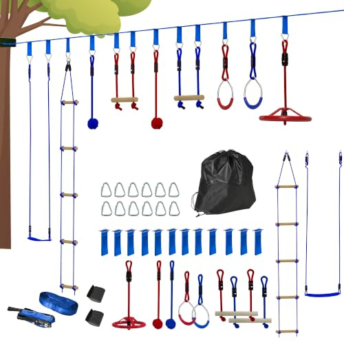 AIYAPLAY Parcours d'obstacles Ninja pour Enfants, 10 Accessoires, 10 m | Jeu extérieur avec slackline, sac de transport, charge 50 kg, équipement de jeu extérieur pour filles et garçons, bleu