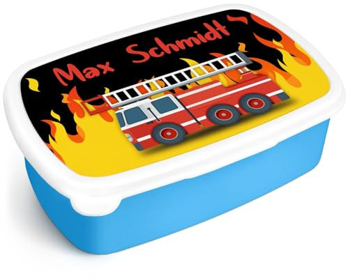 GRAVURZEILE Bedruckte Lunchbox - Feuerwehr - Personalisiert mit Namen - Brotdose für Kinder - Individuell bedruckt mit Wunschmotiv - Platzsparend stapelbar - Perfekt für Schule & Kita - Farbe: Blau