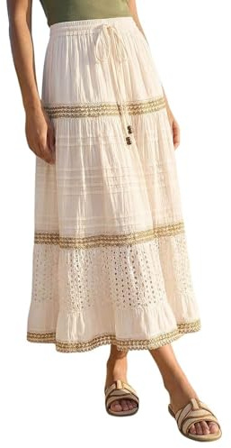 Roman Originals Gypsy Maxi Skirt for Women UK Ladies Tiered Bohemian Long Ankle Length Cotton Elasticated Waistband High Waist Monochrome Lounge Lightweight Holiday - Broderie Ivory - Size 14