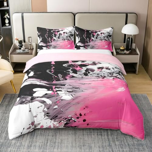 Homemissing Rose Noir Ensemble de lit garçons Filles Abstrait 100% Coton Housse de Couette 240x260cm Enfants Femmes Hommes Moderne marbre Parure de Lit géométrie Literie Set Chambre Art Déco