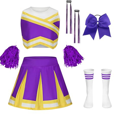 yecwkaz Cheerleader-Kostüm für Mädchen, Cheerleader-Kleid für Mädchen, Cheerleading Outfit mit Pompons, Socken, Perücken für Halloween, Karneval, Sportveranstaltung, Violett 150 cm