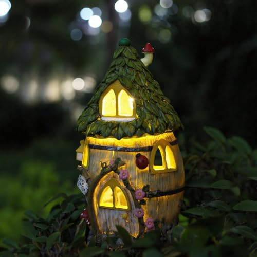 Tuzsocr Gartendeko für Draußen, Solar Feenhaus LED Gartenleuchten Pilzhaus, Fairy Tree House aus Harz, Wetterfeste Feenhäuser Deko Außen, Rasen, Hof, Terrasse, Balkon, Fensterbank, Feengarten (Stil 3)