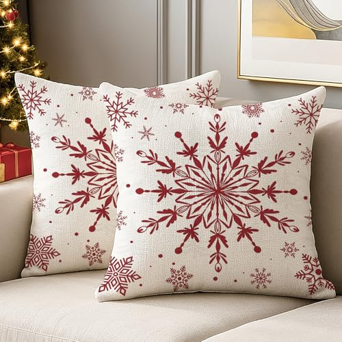 JANGYUHH Weihnachten Kissenbezug 40x40 cm Winter Schneeflocke Kissenbezüge Rot Weihnachtsdeko Sofakissen Kissenhülle Modern Dekorative Weiche für Sofa Wohnzimmer Christmas 2er Set