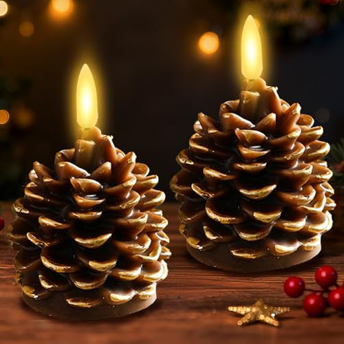 YOUYIKE Tannenzapfen Kerzen LED, Flammenlose Elektrisch Adventsgesteck mit Batterie Weihnachtskerzen, Kabellos LED Candles Beweglicher Flackernde Flamme für Weihnachten Deko (Phnom Penh)