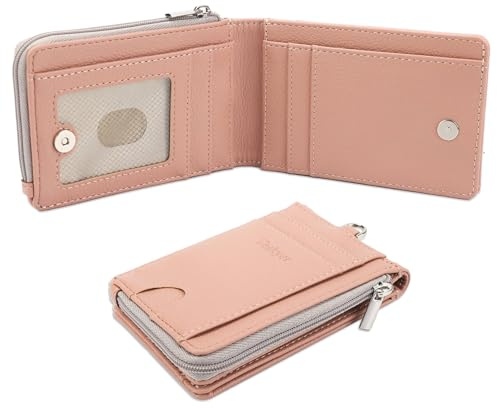 Teskyer Portefeuille Femme - Blocage RFID, Peut contenir jusqu'à 10 Cartes, 2 fenêtres pour Cartes d'identité, 1 Poche à Monnaie avec Fermeture éclair, Minimaliste, Cuir synthétique, Or Rose