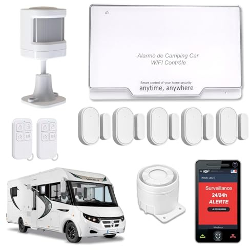 Alarme pour Camping Car - WiFi - Alerte sur téléphone - Surveillance 24h/24h - 2 Sirènes 120 DB - 5 Détecteurs de Portes et fenêtres - 1 détecteur de Mouvement - 2 Télécommandes - Assistance vocale