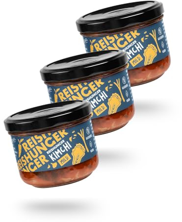REISHUNGER Kimchi mild, 3x170g - Vegan & Glutenfrei - fertiges Kimchi aus fermentierten Chinakohl - Schön würzig, ganz ohne Schärfe