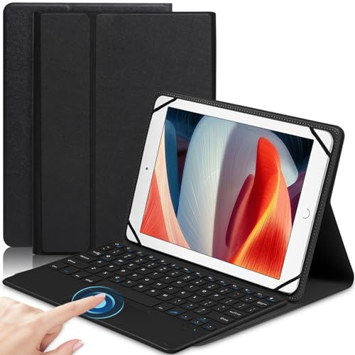 BT Keyboard Universal 9-11 Inch Protective Case with Leather Cover Wireless Touchpad 7 Color Backlit ABS Buttons Multi-Angle Stand for iOS Android Windows Tablets