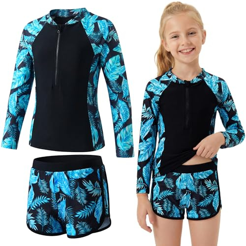 Baogaier Flickor Baddräkt 2 Stycken Långärmad Rash Guard Solskydd, Blommönster Dragkedja Toppar Och Mjuka Shorts, Baddräkt Pool Strand Simning Flicka För 7-14 År
