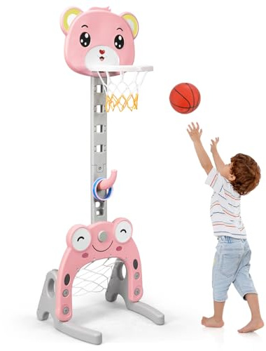 HOMASIS 3 in 1 Kinder Basketballkorb Set, multifunktional Basketballständer mit Fußballtor & Ringwurf im Tierform, höhenverstellbar Basketballkorb mit Ständer inkl. Bälle & Ringe (Pink)