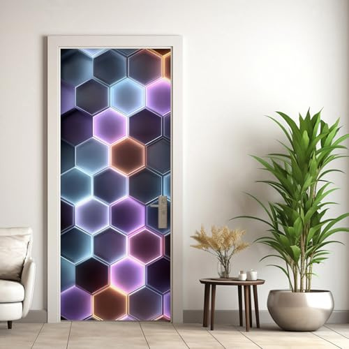 Wabenmuster Türtapete Selbstklebend 90x200, 3D Neon Farbverlauf Lila Türbilder Türfolie Türposter Türaufkleber Selbstklebende PVC, Türdeko Tapete Wabenmuster,(ST0831)