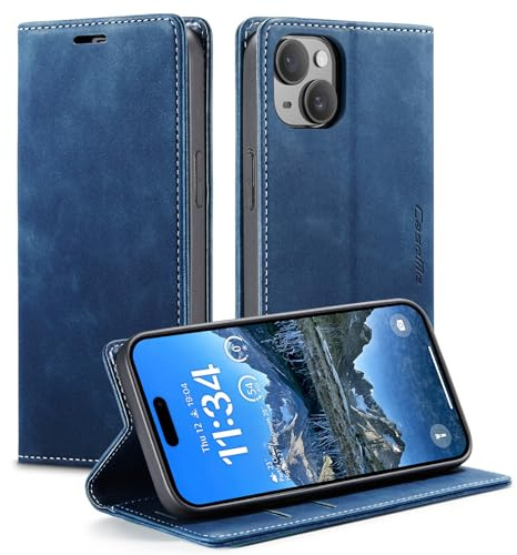 KZB für iPhone 15 Hülle, Magnet Leder Klapphülle Stoßfest | Retro PU Leder, 2 Kartenfach, Standfunktion, Schutzhülle, Flip Case, Handyhülle für iPhone 15 6,1'', Blau