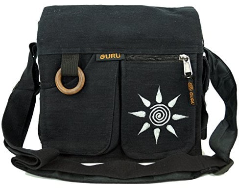 GURU SHOP Boho Schultertasche, Hippie Tasche Sonne, Vintage Umhängetasche - Sonne/schwarz, Unisex - Erwachsene, Baumwolle, 25x25x7 cm