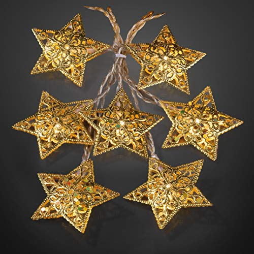 hellum Lichterkette Innen mit Sternen golden, 16 LED Stern beleuchtet warmweiß, 1,50m beleuchtete Länge batteriebetrieben, transparentes Kabel, Weihnachtsbeleuchtung Innen Fenster, 566161