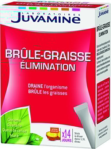 JUVAMINE - Brûle-Graisse Elimination - A base de Chrome, Guarana, Queue de Cerise et Maté - Arôme Ananas - 14 Sticks Minceur à Diluer - Fabriqué en France