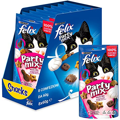 FELIX Party Mix Snack per Gatti Adulti con Pollo, Formaggio e Tacchino 8 Confezioni da 60g