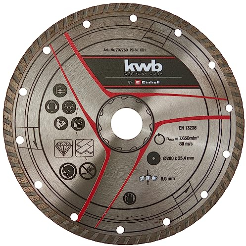 kwb by Einhell Disco da taglio diamantato 200 x 25,4 mm, accessorio tagliapiastrelle (Ø 200 x 25,4 mm, bordo diamantato 8 mm, max. 7640 min-1, adatto per macchine per taglio piastrelle Einhell