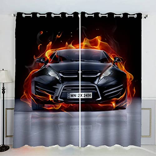 Aolity Vorhänge Ösen Gardinen Sportwagen Rennwagen Verdunklungsvorhänge Wohnzimmer Schlafzimmer Kinderzimmer Mädchen Jungen Brennendes Auto Vorhänge Blickdicht 140 x 160 cm (BxH)