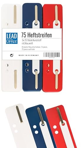 75 Heftstreifen - Kunststoff, 3 Bündel á 25 Stück - MADE IN GERMANY (rot, blau, weiß)