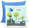 CreaDesign, Kinder Kissen 40x40 cm personalisiert mit Namen, Kinderzimmer Deko Kissen Kinder mit Füllung Federn, Motiv Polizei, Rückenfarbe Blau