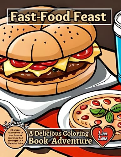 FAST-FOOD FEAST: A Delicious Coloring Book Adventure - Volume 4: 60 Unique Illustrations Of Your Favorite Fast-Food And Beverages On A Plate And Table