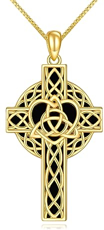 YAFEINI Kreuz Kette für Damen Sterling Silber Irisch Keltische Herz Kreuz Anhänger Halskette Gold überzogene Schwarze Onyx Kreuz Schmuck Geschenke für Mädchen