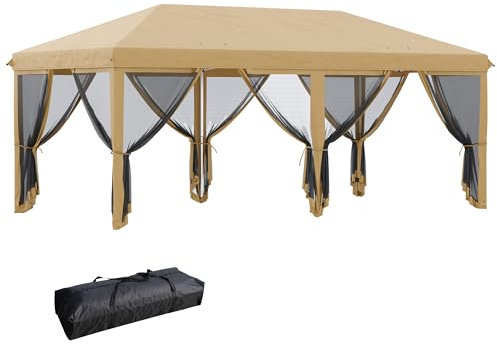 Outsunny Tonnelle Pliante tonnelle de Jardin extérieure Barnum Pliant Pop-up pavillon de terrasse 6 x 3 m Anti-UV moustiquaires Amovibles + Sac de Transport Beige