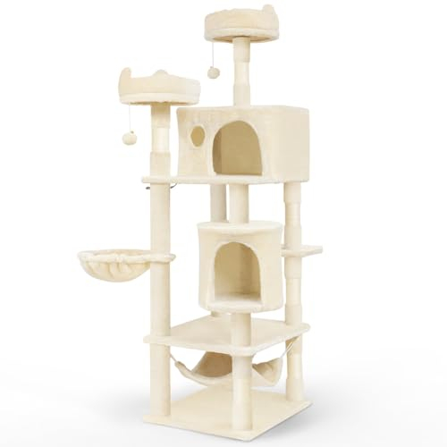VOUNOT® Árbol Rascador para Gatos Grandes Altura 168 cm, Torre de Gatos Multiniveles, Rascador de Escalada Estable para Gatos Adultos Mascotas con Postes de Sisal Plataformas Cuevas Cesta Hamaca Beige