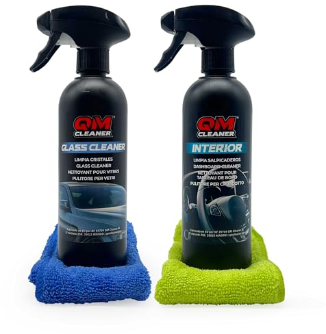 QM Cleaner Kit de nettoyage de véhicule nettoie le tableau de bord, le plastique, le verre et l'écran | Comprend un nettoyant pour tableau de bord(500ml), un nettoyant pour vitres/écrans(500ml)