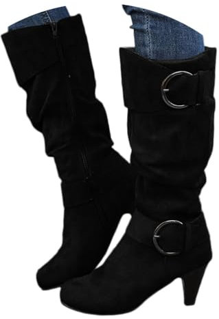Onsoyours Langschaft Stiefel Damen Wildleder Halbstiefel mit Blockabsatz Reißverschluss Winterstiefel Lange Stiefel Casual Langschaft Boots Winterschuhe A Schwarz 39 EU