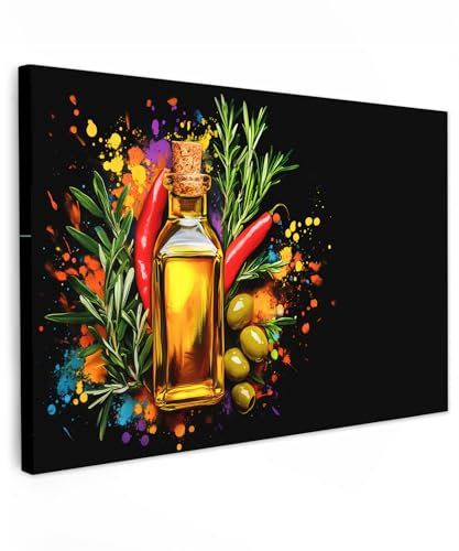 MuchoWow© Leinwand Bilder Groß 120x80 cm XXL Wanddeko Wohnzimmer Aesthetic Room Decor Deko Zimmer Wandbilder Modern Bild auf Leinwand Olivenöl - Graffiti - Pfeffer - Oliven - Modern