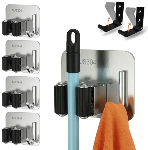 BASAMA ®️4 Piezas Colgador Escobas y Fregonas de acero inoxidable + 2 Ganchos plegables | Soporte Escobas Pared con adhesivo 3M sin agujeros. Resistentes y para multiples usos. (4 piezas)