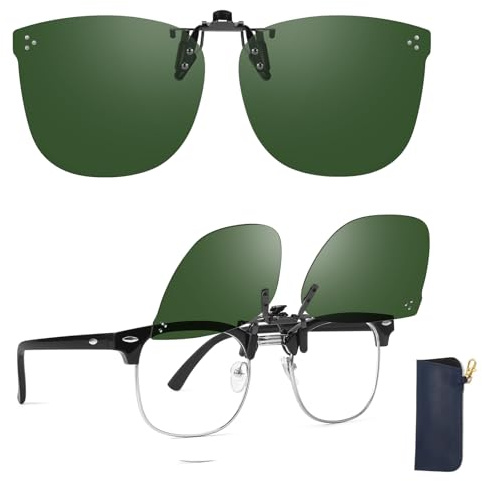 TJUTR Polarised Flip-Up Clip On Sunglasses Over Prescription Glasses | Clip-On Sunglasses for Men Women, UV400 Protection Anti-Glare Fit Over Sunglasses