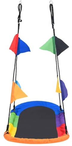 LoogCape Nestschaukel mit Fahnen 165x70 cm wetterfest für Garten, Baum oder Schaukelgestell, inklusive 8 bunter Flaggen, belastbar bis 150 kg, für Kleinkinder, Kinder, outdoor und indoor Nutzung