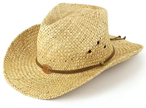 Chapeau de cowboy en paille avec cordon en cuir et badge représentant 3 chevaux Naturel
