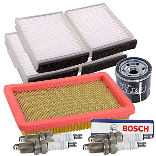 BESTPRICE Inspektionspaket Filterset mit 1x Luftfilter, 2x Innenraumfilter, 4x Zündkerze Super Plus FR7LCX+, Kompatibel mit MAZDA 323 F VI (BJ), 323 S VI (BJ), PREMACY (CP)