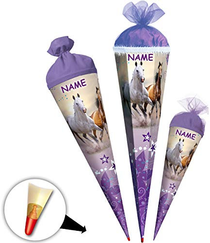 Schultüte - Wildpferde - 22 cm - incl. Namen - mit Tüllabschluß - Zuckertüte Roth - Pferde Blumen Pferd Schimmel Araber Hengst