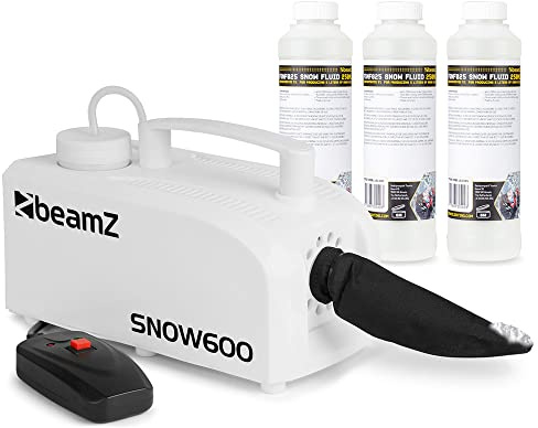 beamz SNOW600 Fake Snow Machine with 15L Concentrated Fluid - Realistic Snowflakes Effect for Weddings, Events and Parties, Compact Special Effects Snow Machine for Party Use