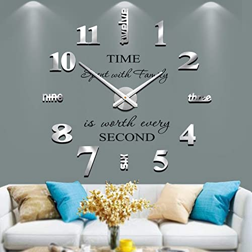 Mintime Rahmenlose 3D DIY Wanduhr XXL Stumm Spiegel Aufkleber Home Office Schule Dekoration (Silber-14)