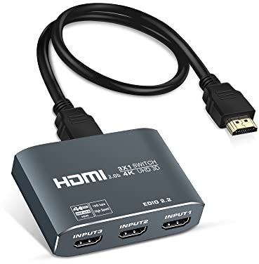 Switch HDMI 4K Aluminum, 4K@60HZ Switch HDMI 3 Ports Commutateur, 3 Entrées à 1 Sortie hdmi Switcher Prend en Charge HDCP 2.2, Full HD, HDR10, 18 Gbps, Sélecteur Fire Stick, Xbox, PS5 etc