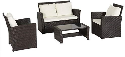 Salon de Jardin Sintra 4 Places en résine tressée Maron et Coussin crème. Ensemble Deux fauteuils, Un canapé et Une Table d'extérieur en résine tressée.