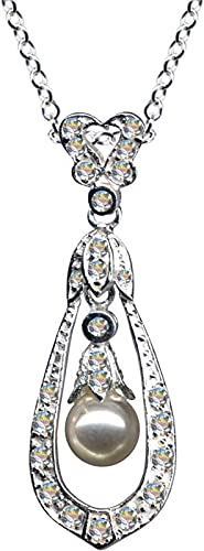 HALSKETTE mit Perlen Anhänger/Echt Silber 925 mit Zirkonia/Jugendstil Collier/Steinfarbe: klar weiss/Online Shop Schmuck kaufen / 54076