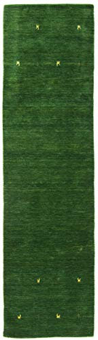 carpetfine Wollteppich Gabbeh Uni Läufer Grün 60x180 cm | Moderner Teppich für Wohn- und Schlafzimmer