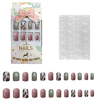 Andiker Künstliche Fingernägel, Leoparden-Design, Glitzer, UV-Gel, mittellang, niedlich, künstlich, mit Nagelkleber, glänzend und wiederverwendbar, für Frauen