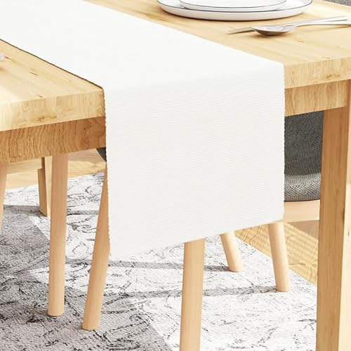Encasa XO Tischläufer | Garngefärbte Feinripp-Baumwolle | Größe 32x150 cm | Solide aus weiß | Maschinenwaschbar