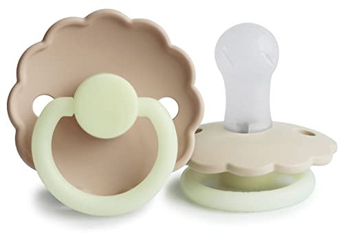 FRIGG Daisy Night Confezione da 2 ciucci | Ciuccio in silicone | Senza BPA | Prodotto in Danimarca | Tettarella simmetrica a ciliegia | (Cream/Croissant, Taglia 1 (0-6 Mesi))