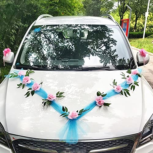 Autoschmuck Hochzeit Motorhaube Saugnapf, Hochzeitsdeko Auto Blumen, Deko Hochzeitsauto Vintage, Auto Hochzeitsschmuck Set mit Autoschleifen Spiegel Blumenstrauß Kunstblumen Rosen Tüll (blau-rosa)