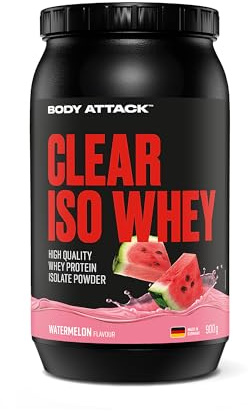 Body Attack Clear Iso Whey Watermelon 900 g | Made in Germany, erfrischendes, klares Whey Protein Isolat, 24 g Protein und 11.400 mg EAAs pro Iso Whey Shake, zuckerfrei