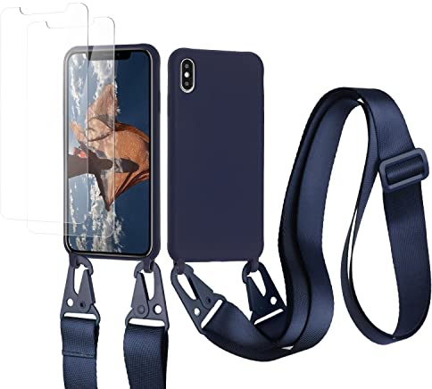 vrupin Compatible with iPhone XR, Mobile Phone Chain Case, [Pack of 2 Screen Protectors, 9H Hardness Tempered Film], Necklace Case Nylon Shoulder Strap, Soft Liquid Silicone, Navy Blue
